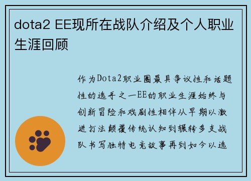 dota2 EE现所在战队介绍及个人职业生涯回顾