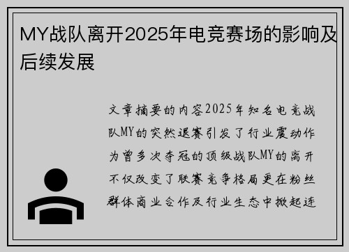 MY战队离开2025年电竞赛场的影响及后续发展