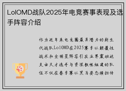 LolOMD战队2025年电竞赛事表现及选手阵容介绍