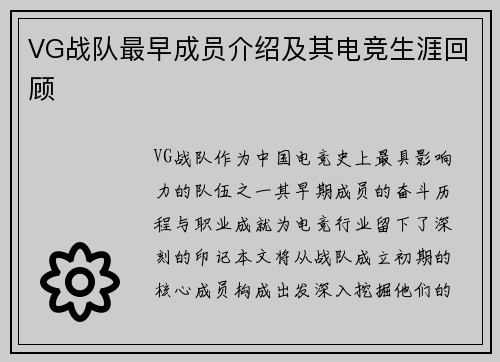 VG战队最早成员介绍及其电竞生涯回顾